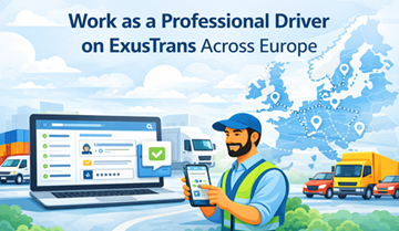 Professional truck driver using ExusTrans mobile and web platform to manage transport jobs, vehicles, and deliveries across Europe